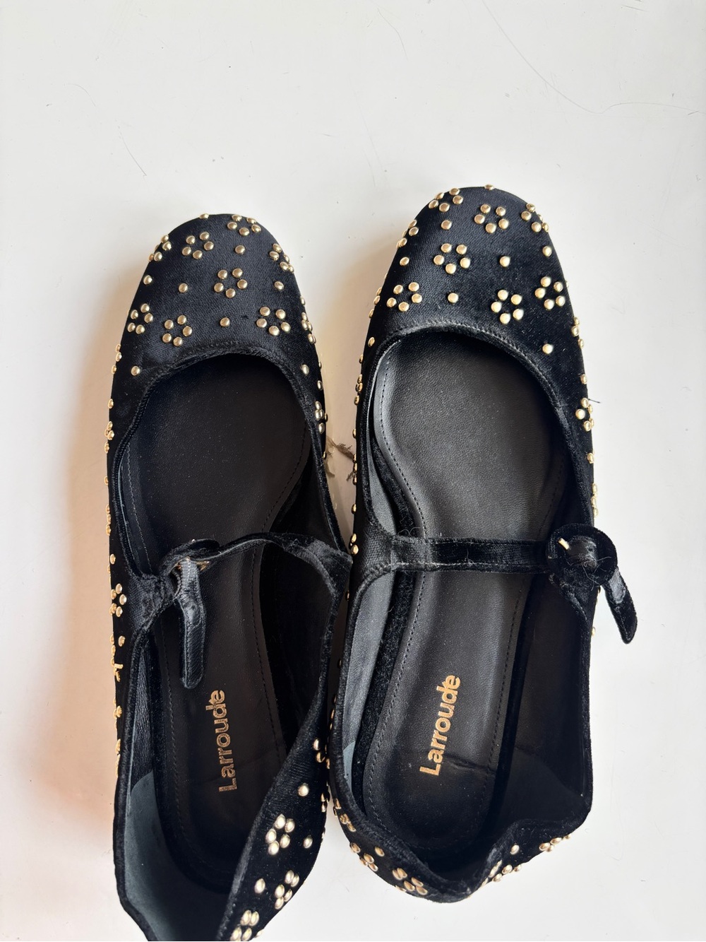 Larroude Black with Gold Floral Emblisments Mary Jane Flats - Picture 2 of 7
